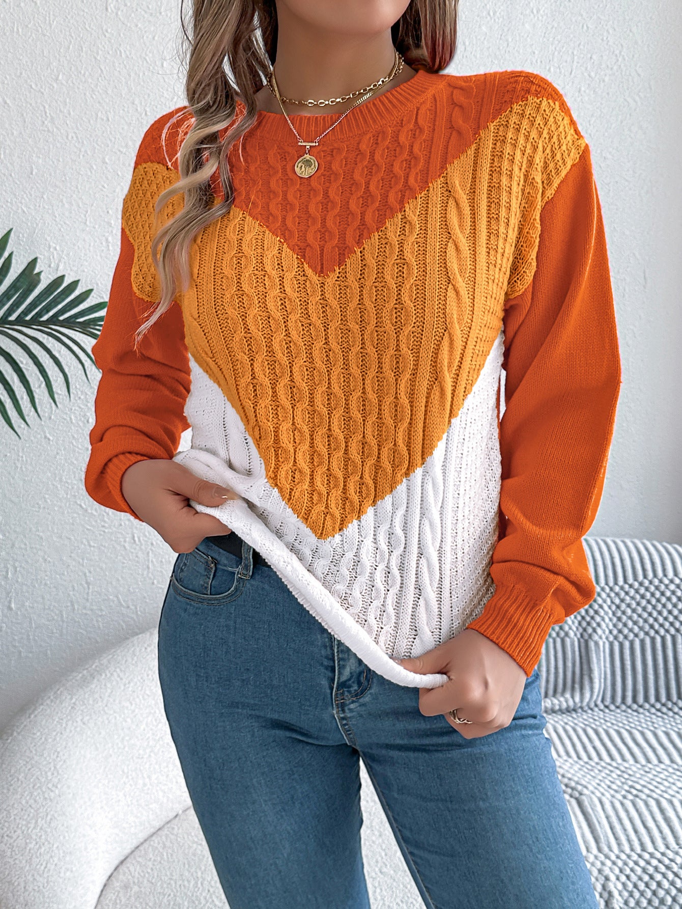 Color Matching Twist Lantern Sleeve Pullover Sweaters Women's Clothing