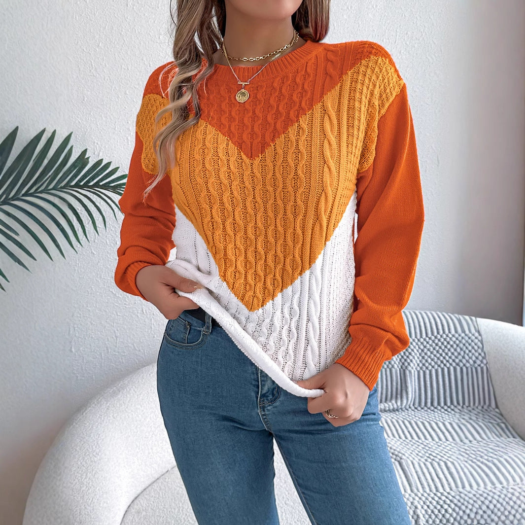 Color Matching Twist Lantern Sleeve Pullover Sweaters Women's Clothing