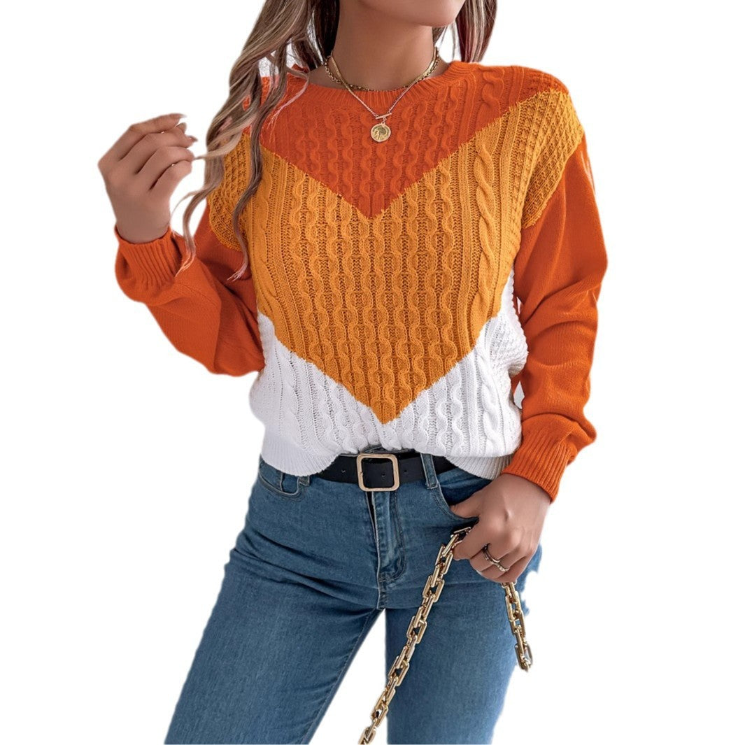 Color Matching Twist Lantern Sleeve Pullover Sweaters Women's Clothing