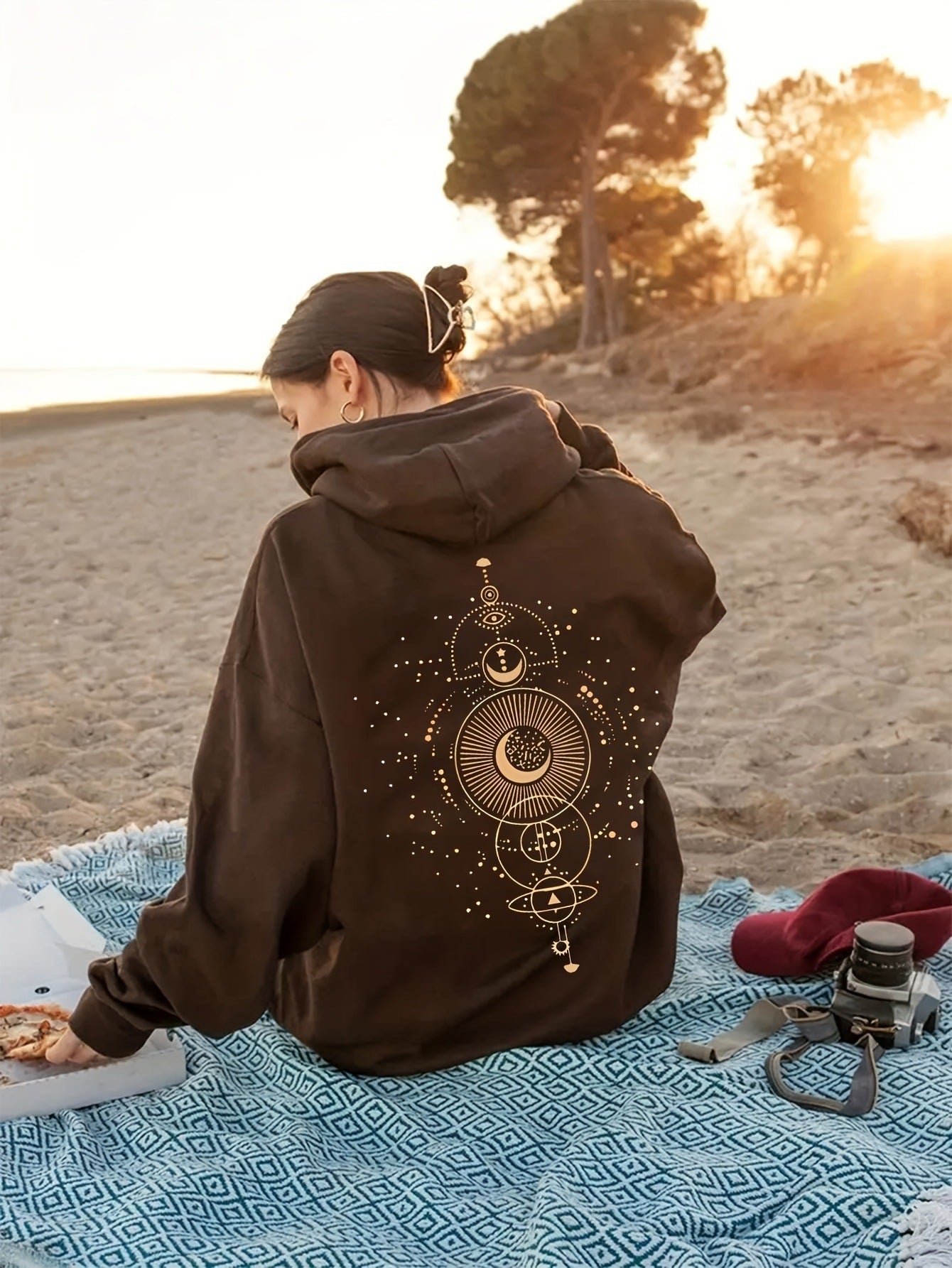 Moon Print Casual Hooded Sweatshirt