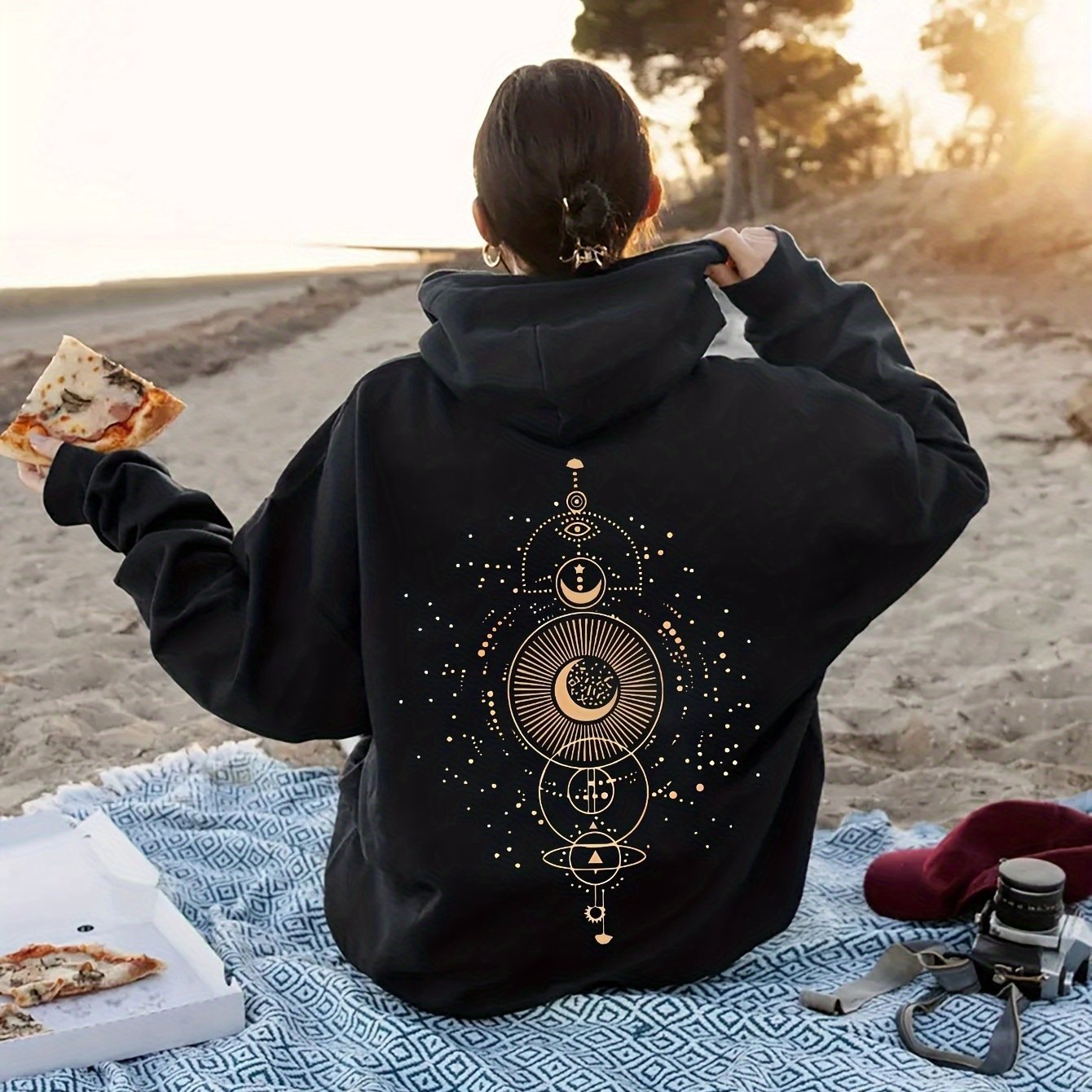 Moon Print Casual Hooded Sweatshirt