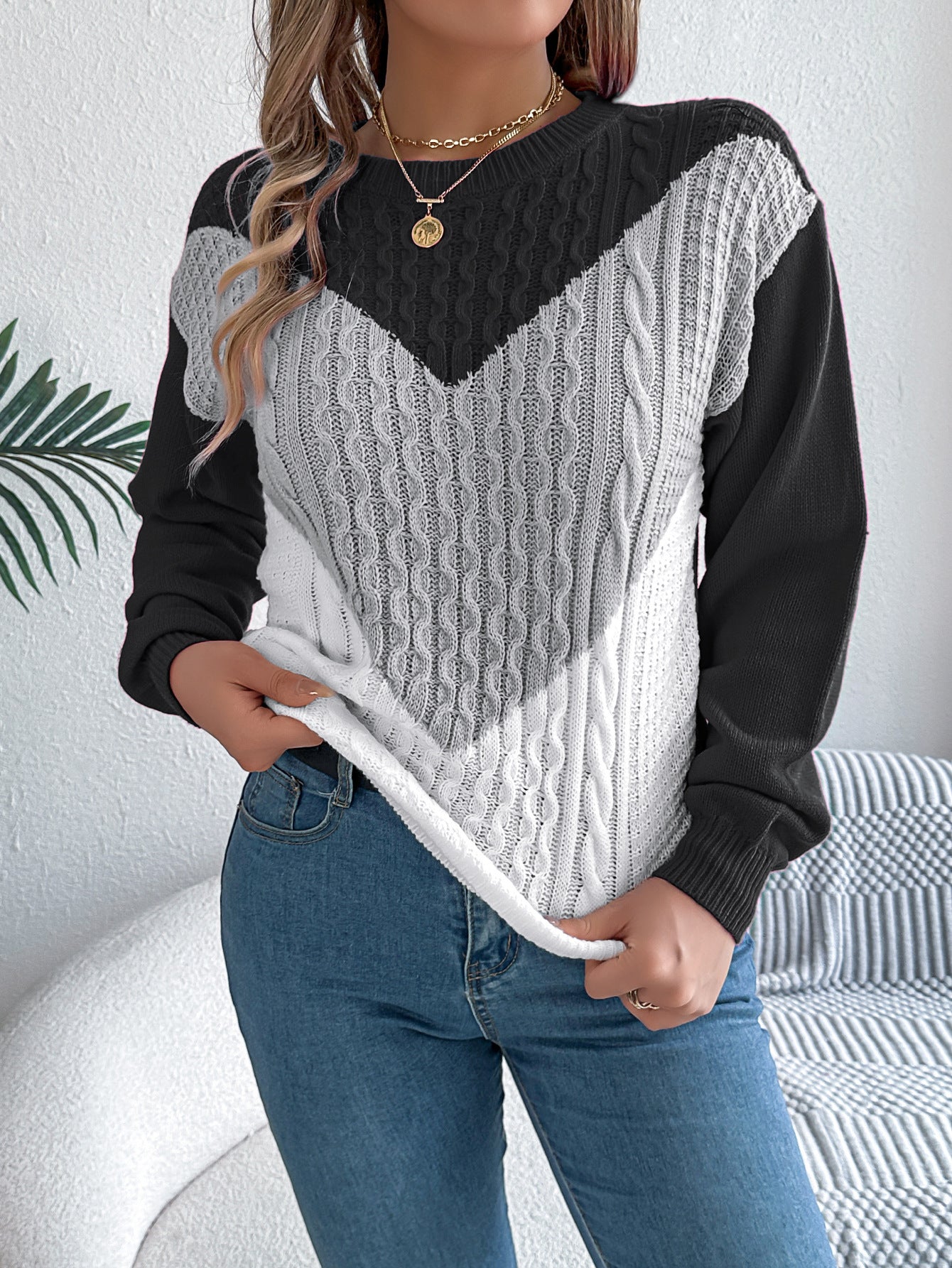 Color Matching Twist Lantern Sleeve Pullover Sweaters Women's Clothing