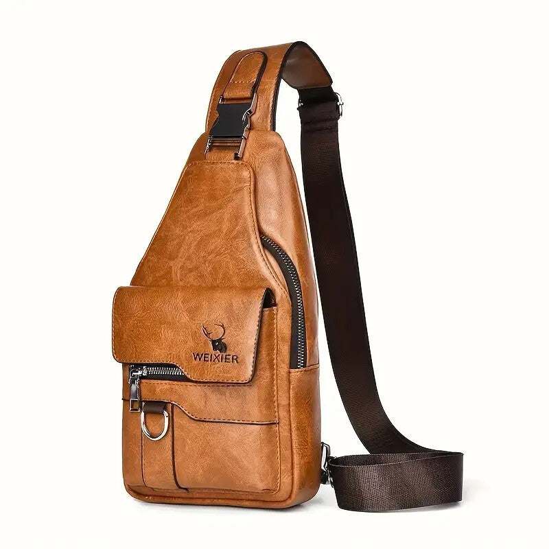 Premium PU Leather Vintage-Style Chest Bag - Spacious Multi-Compartment Crossbody Bag With Waterproof Design, Large Capacity, And Stylish Casual Look For Men