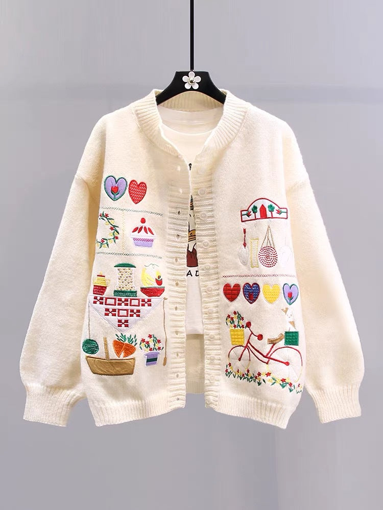 Japanese Cartoon Vintage Embroidered Sweater Coat Women's Autumn And Winter Knitting Cardigan