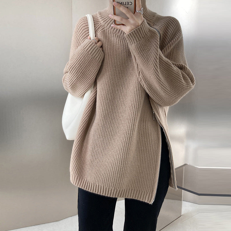 Double-headed Zipper Turtleneck Sweater Coat Loose Plus Size Knitwear