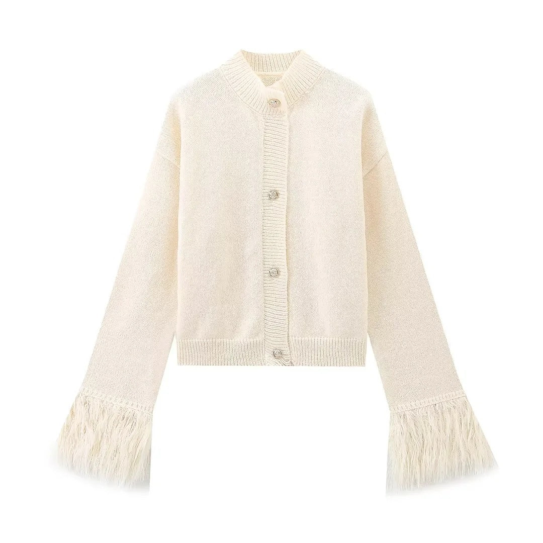 Mid-length Cuff Fur Stitching Cardigan Sweater