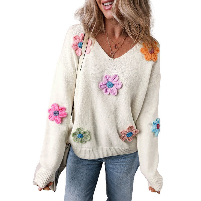 Winter New Flower Crochet V-neck Pullover Sweater Women