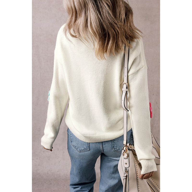 Winter New Flower Crochet V-neck Pullover Sweater Women