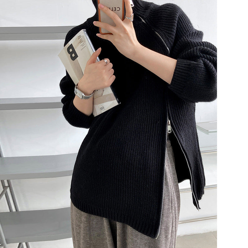 Double-headed Zipper Turtleneck Sweater Coat Loose Plus Size Knitwear