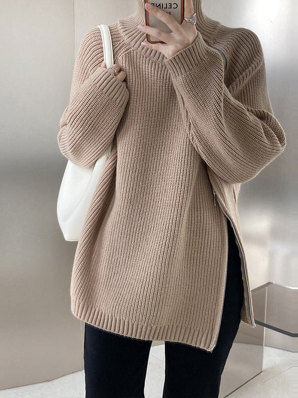 Double-headed Zipper Turtleneck Sweater Coat Loose Plus Size Knitwear