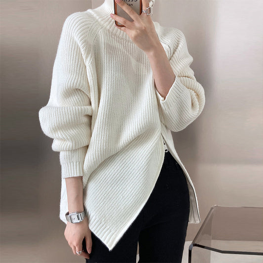 Double-headed Zipper Turtleneck Sweater Coat Loose Plus Size Knitwear