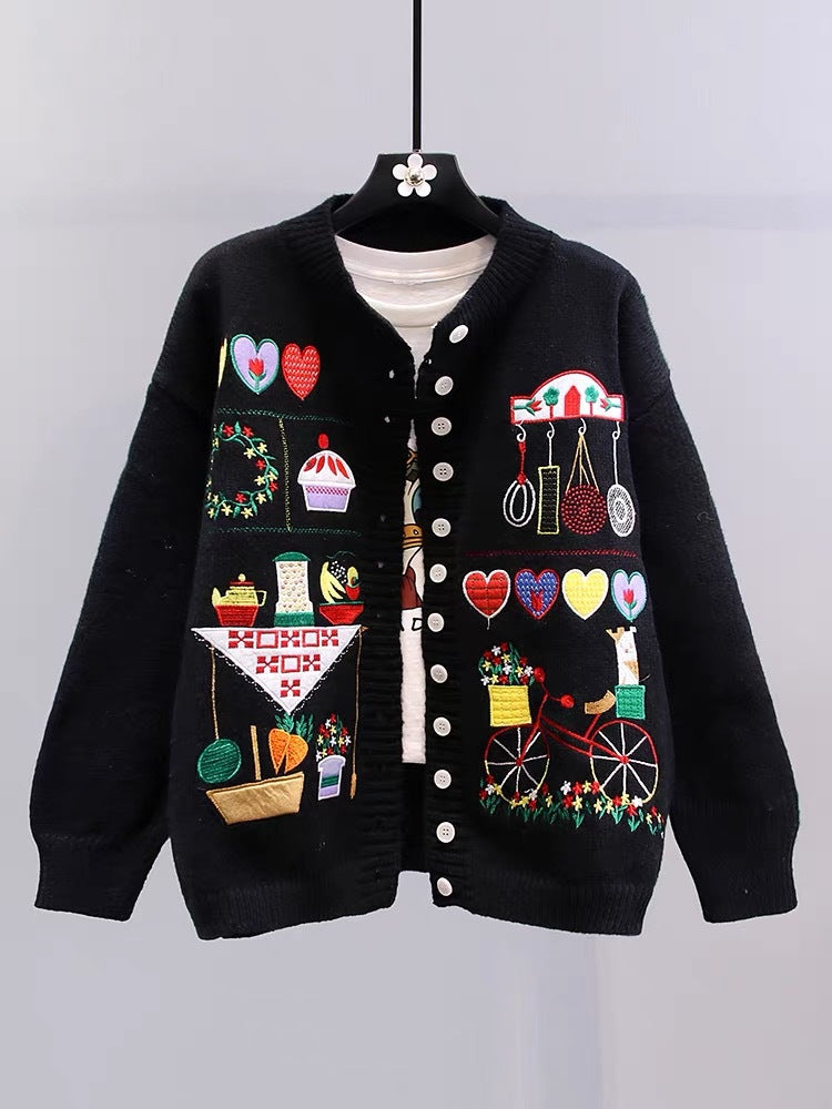 Japanese Cartoon Vintage Embroidered Sweater Coat Women's Autumn And Winter Knitting Cardigan