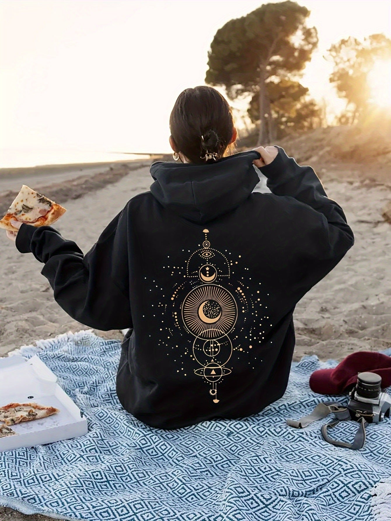 Moon Print Casual Hooded Sweatshirt