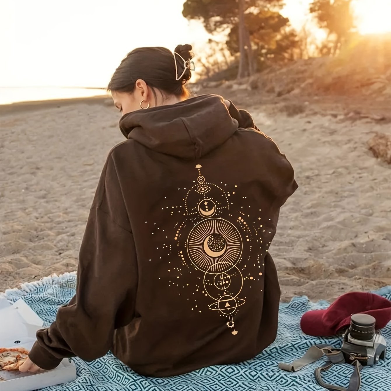 Moon Print Casual Hooded Sweatshirt