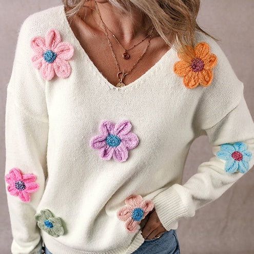 Winter New Flower Crochet V-neck Pullover Sweater Women